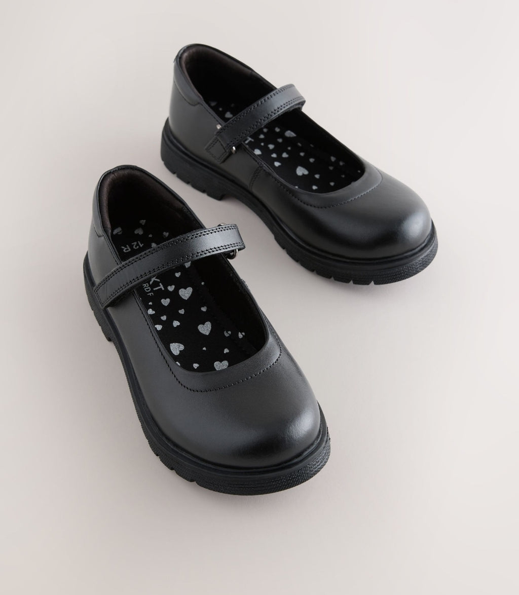 Matt Black Standard Fit (F) School Leather Chunky Mary Jane Shoes
