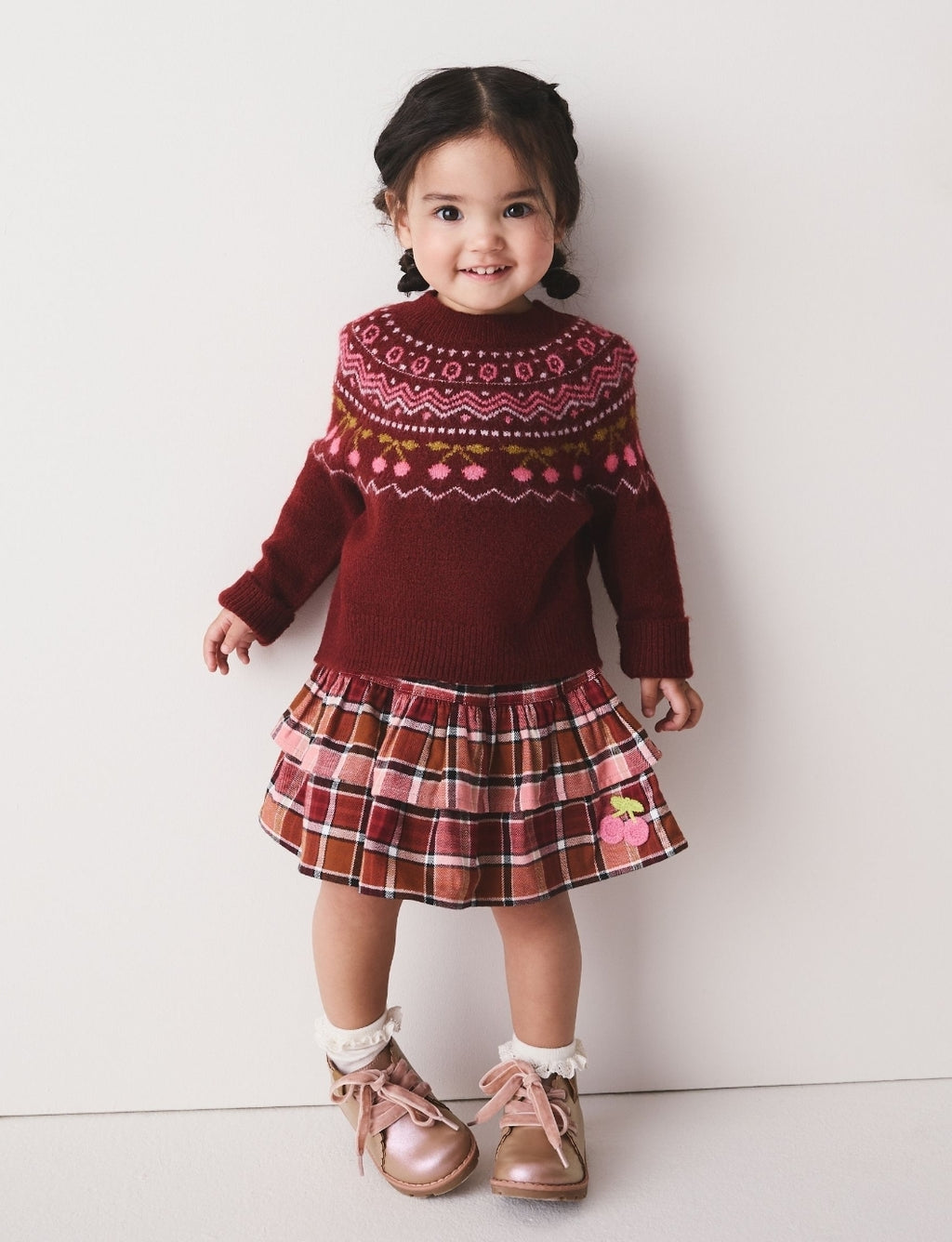 Berry and Pink Fairisle Jumper and Check Skirt Set