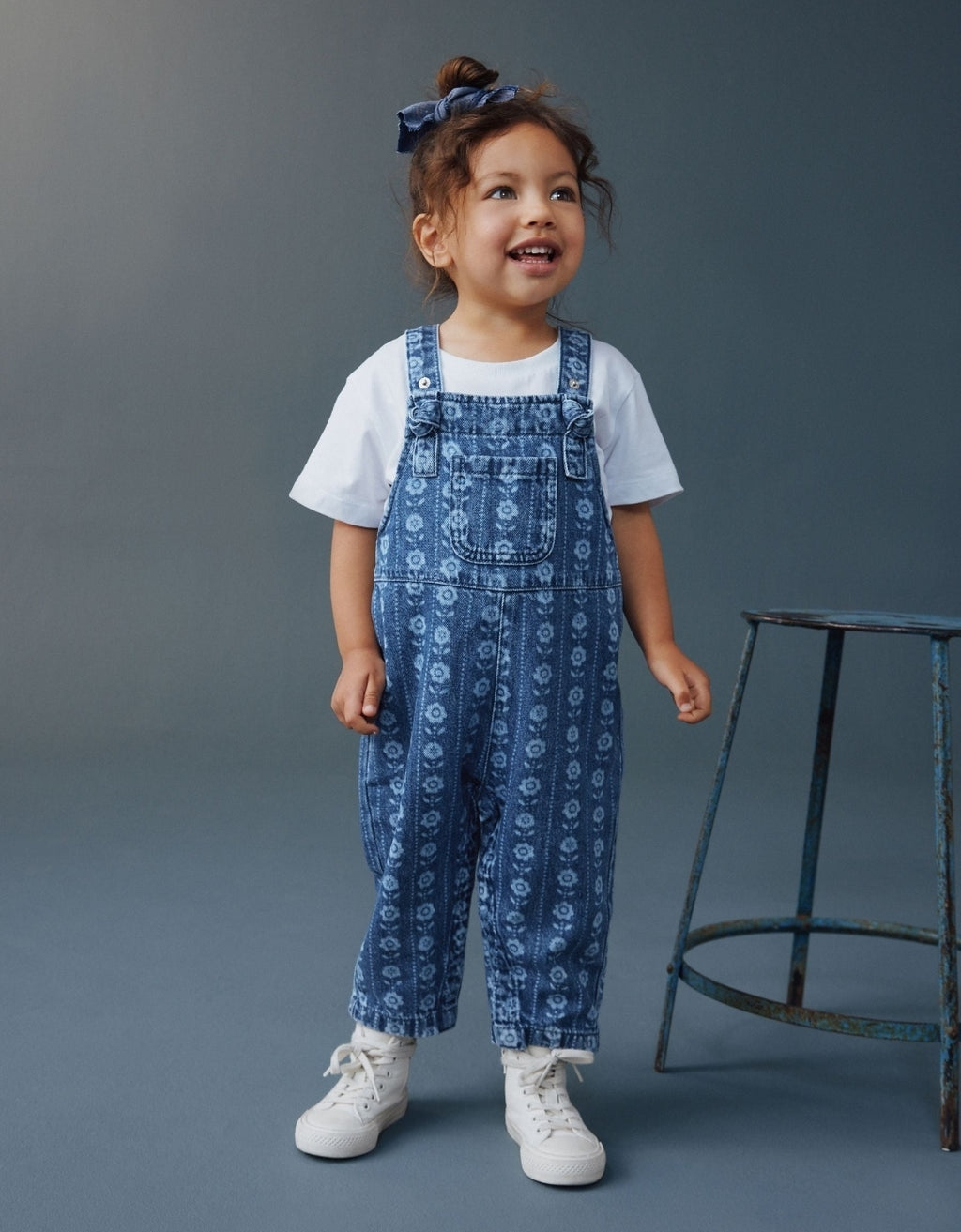 Mid Blue Floral Print Dungarees