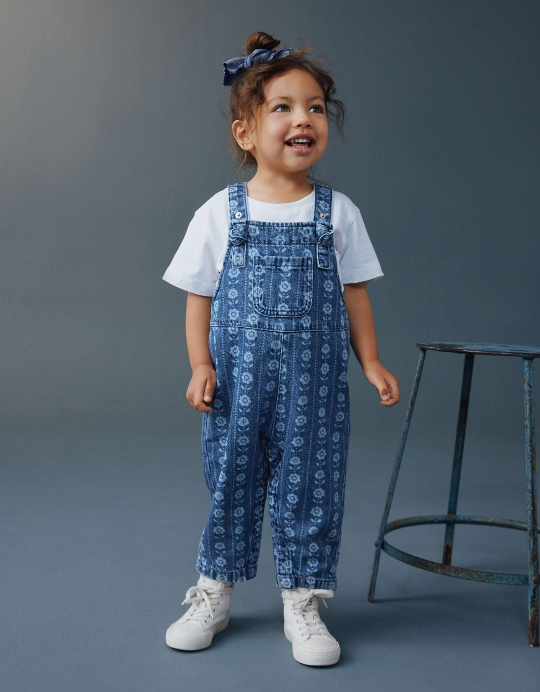 Mid Blue Floral Print Dungarees