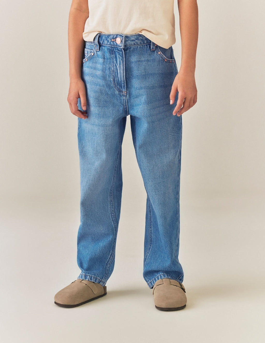 Mid Wash Stud Pocket Detail Straight Leg Jeans