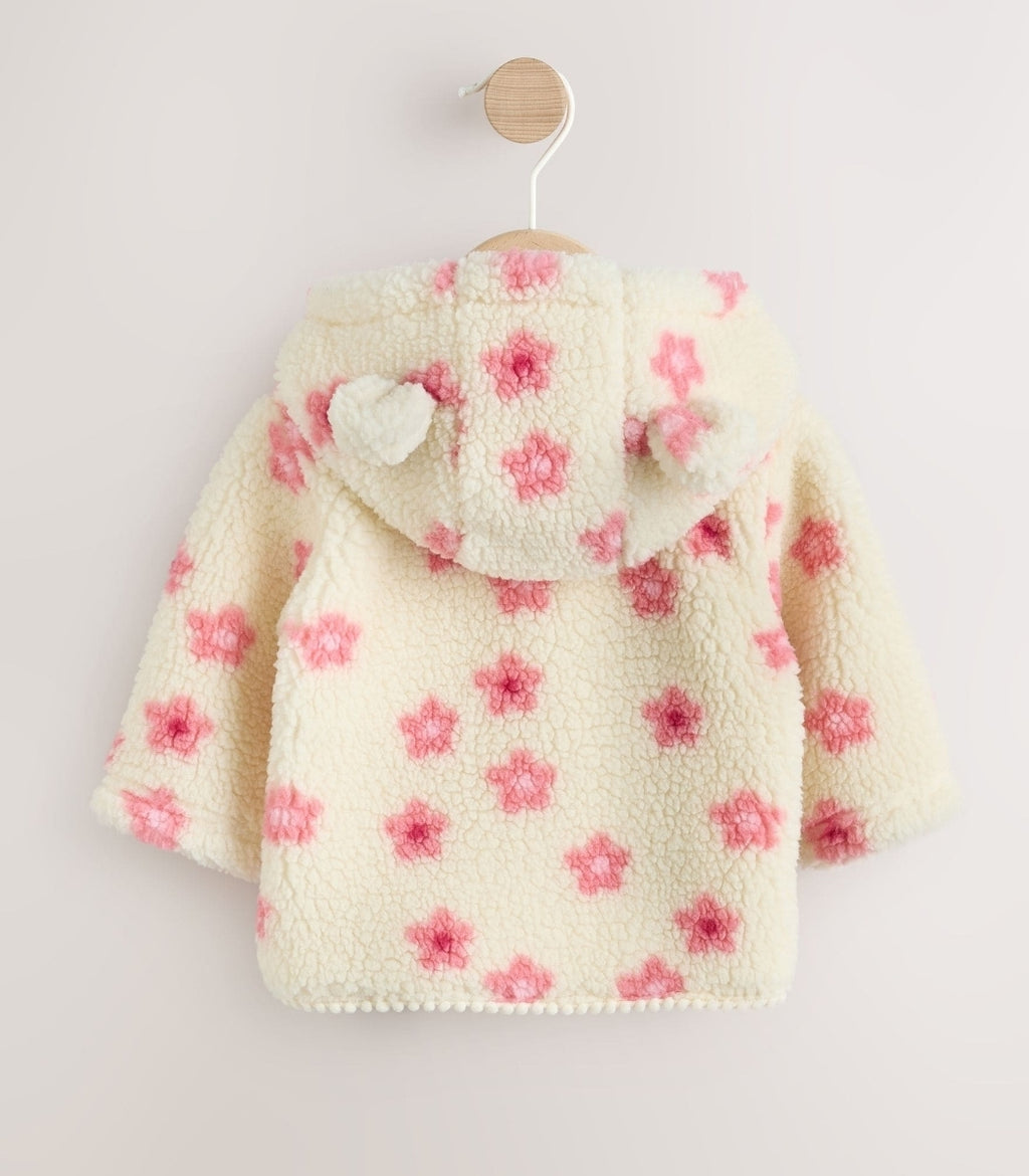 Ecru and Pink Floral Borg Hooded
Baby Jacket