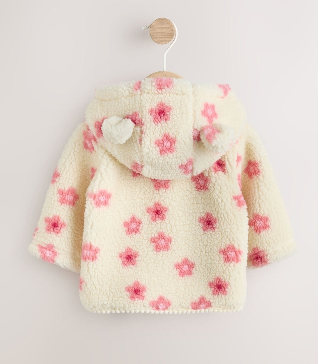 Ecru and Pink Floral Borg Hooded
Baby Jacket