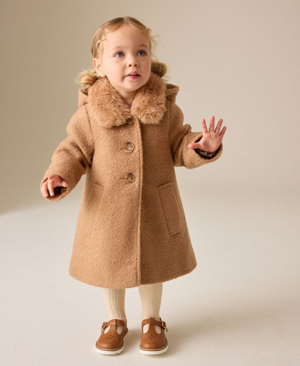 Camel Brown Faux Fur Collar Hooded Coat