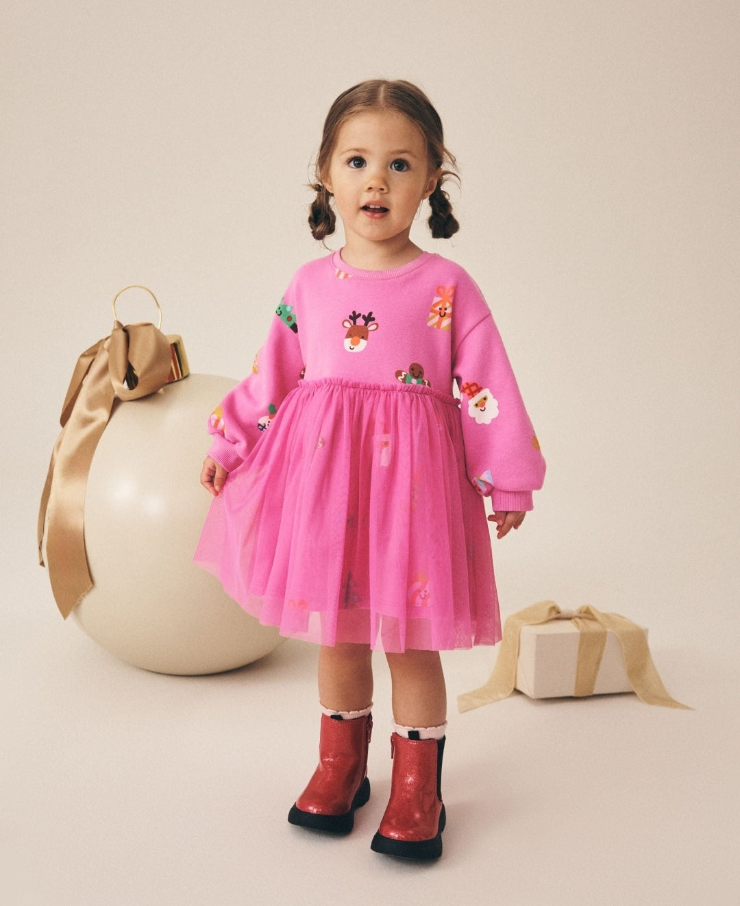 Bright Pink Christmas Long Sleeve
Sweat Mesh Dress