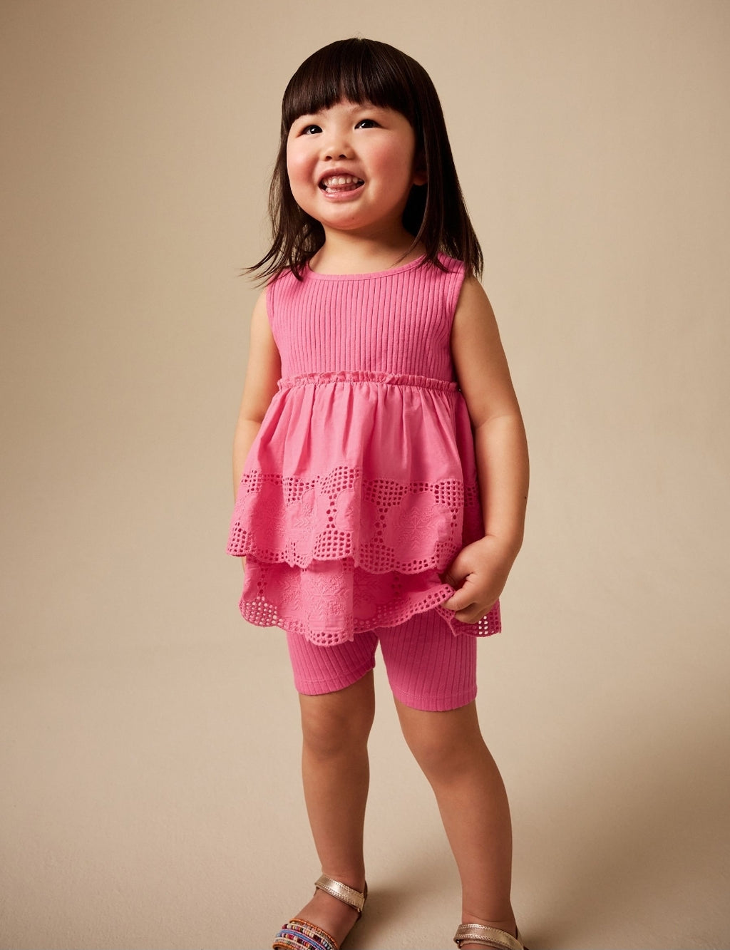 Pink Broderie Peplum Vest and Cycle Shorts Set