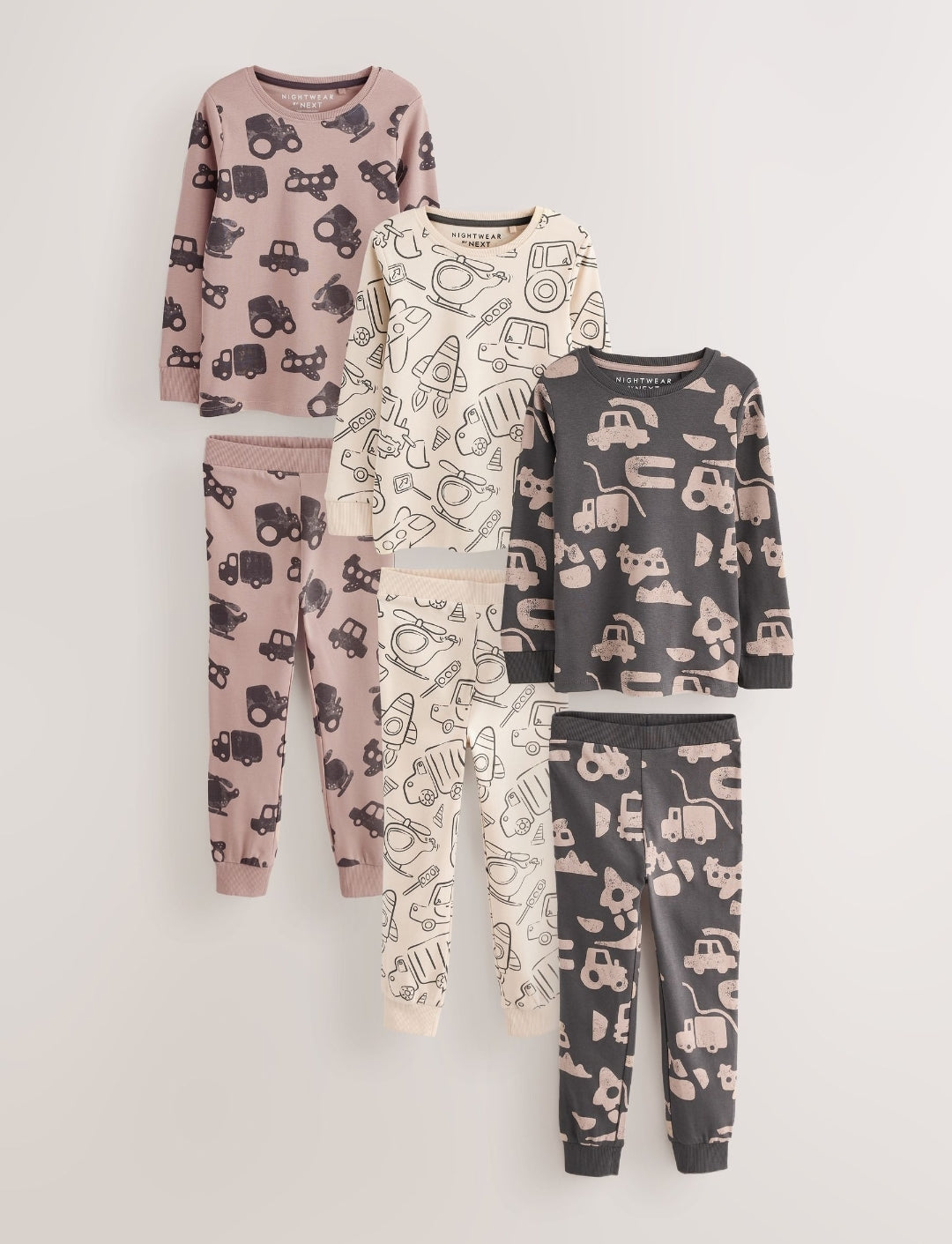 Brown/Cream Transport Snuggle Pyjamas 3 Pack