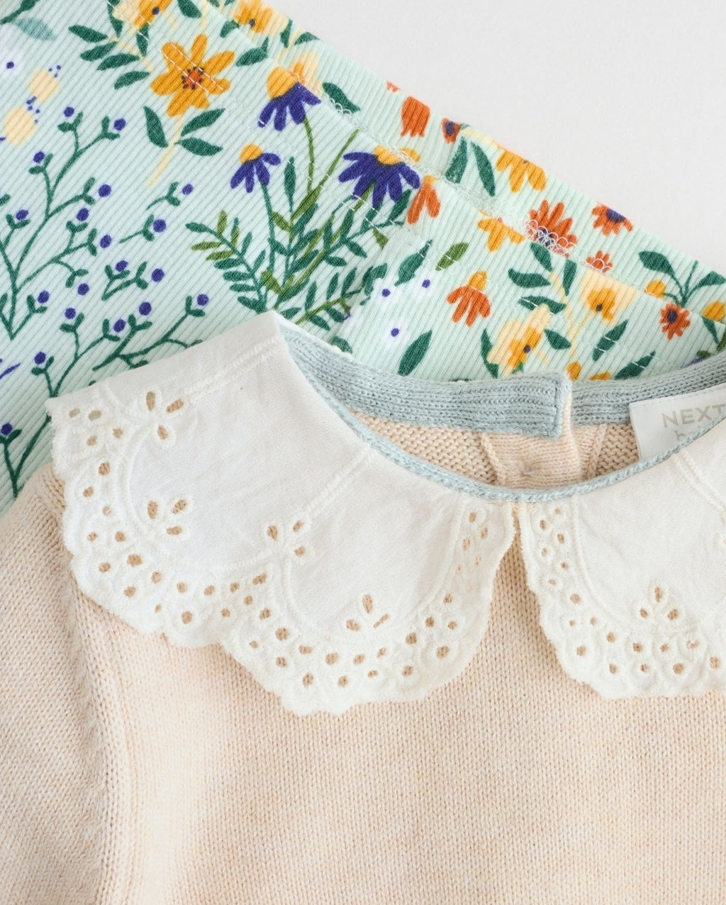Neutral Duck/ Sage Ditsy Baby Knitted Jumper and Leggings 2