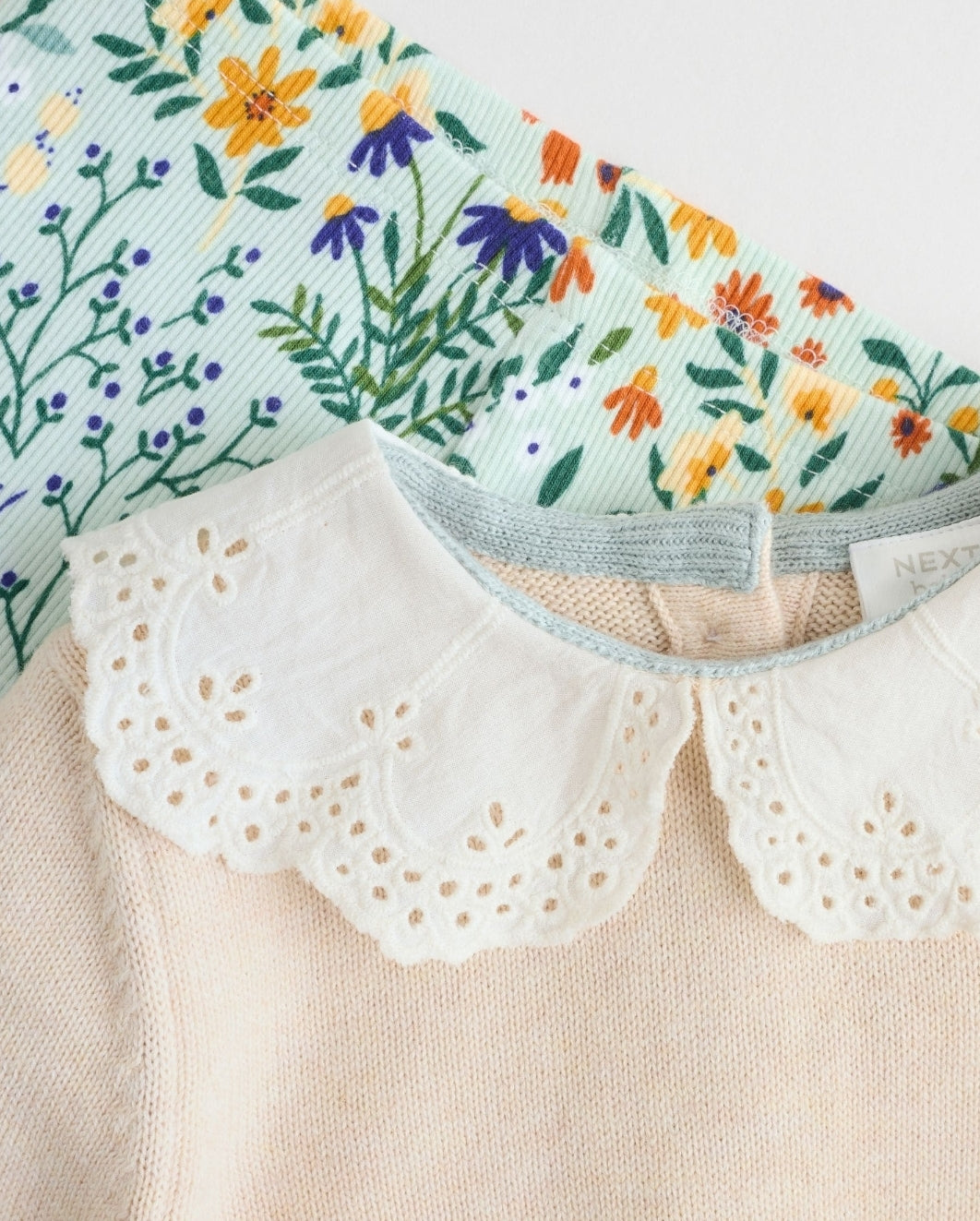Neutral Duck/ Sage Ditsy Baby Knitted Jumper and Leggings 2