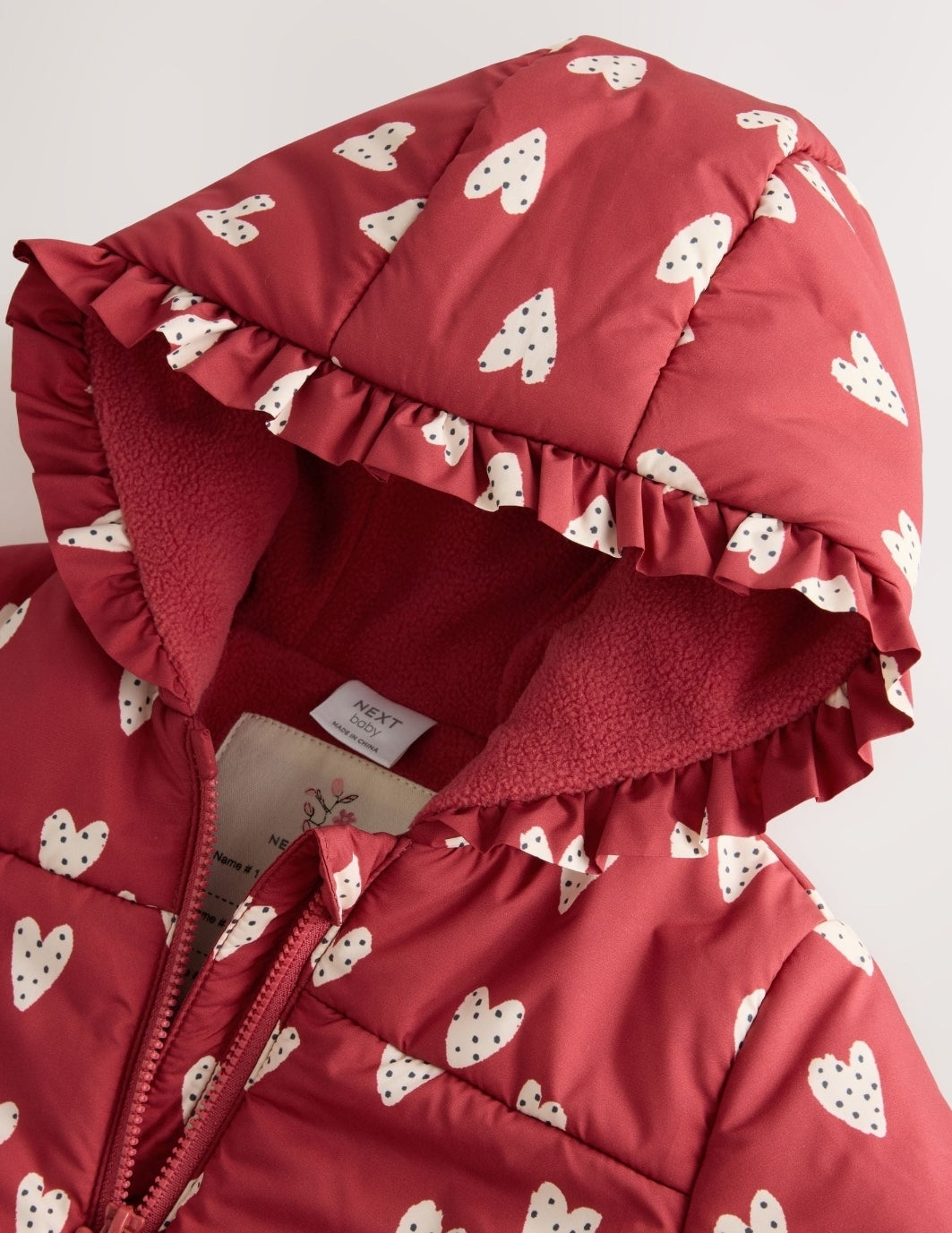 Red and White Heart Printed
Hooded Padded Baby Jacket