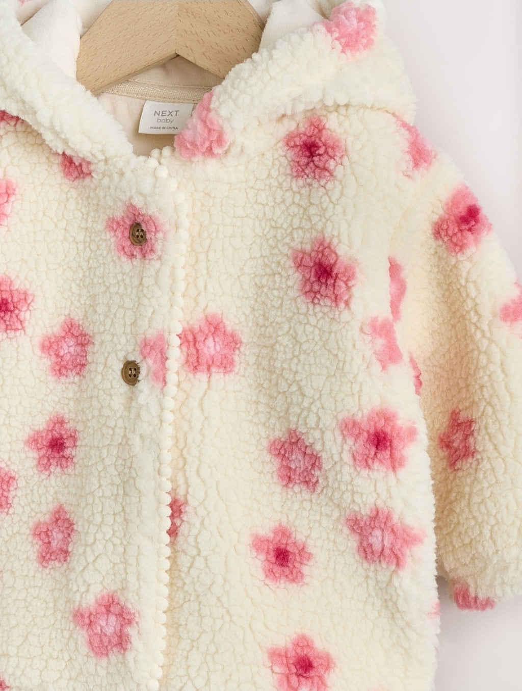 Ecru and Pink Floral Borg Hooded
Baby Jacket
