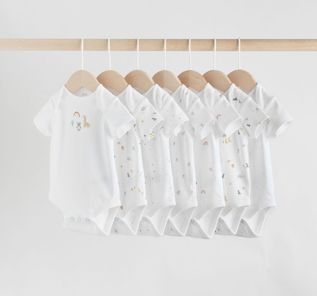 White Character 7 Pack Baby Short Sleeve Bodysuits