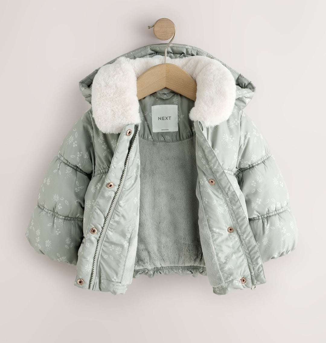 Sage Green Floral Shower Resistant Faux Fur Collar Padded