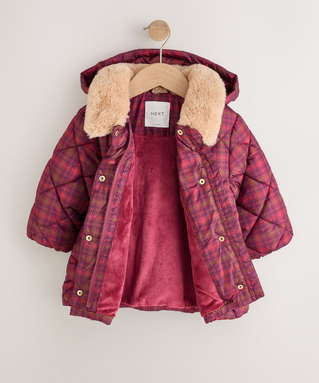Burgundy Red Check Faux Fur Collar Shower Resistant Padded