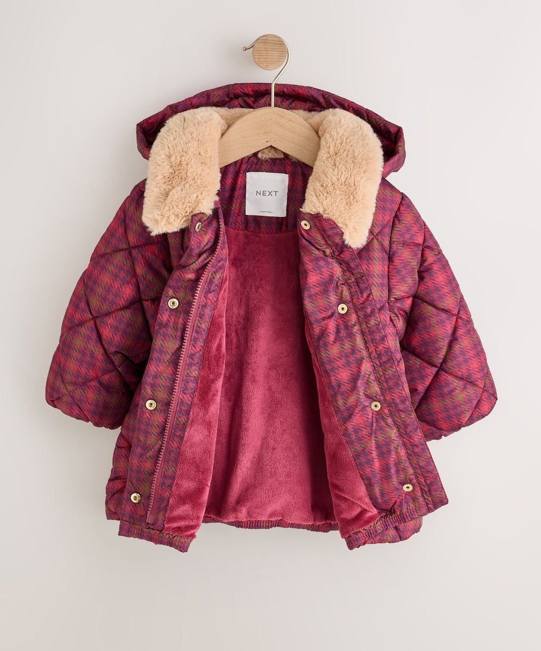 Burgundy Red Check Faux Fur Collar Shower Resistant Padded