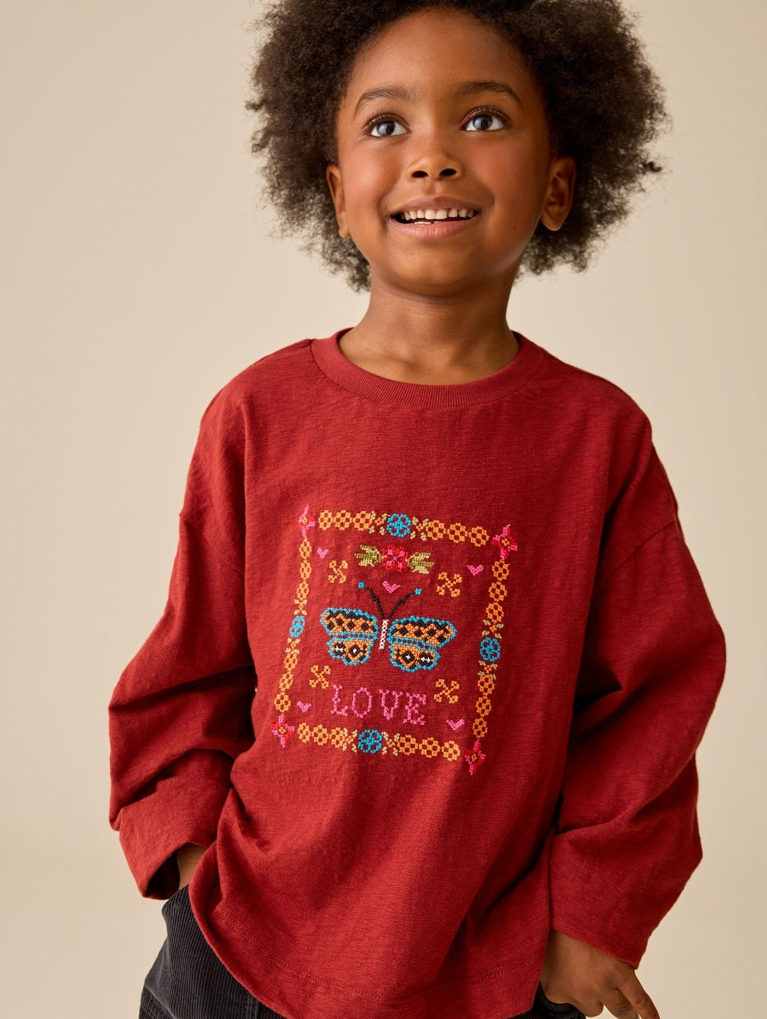 Brown Embroidered Butterfly Long Sleeve Top