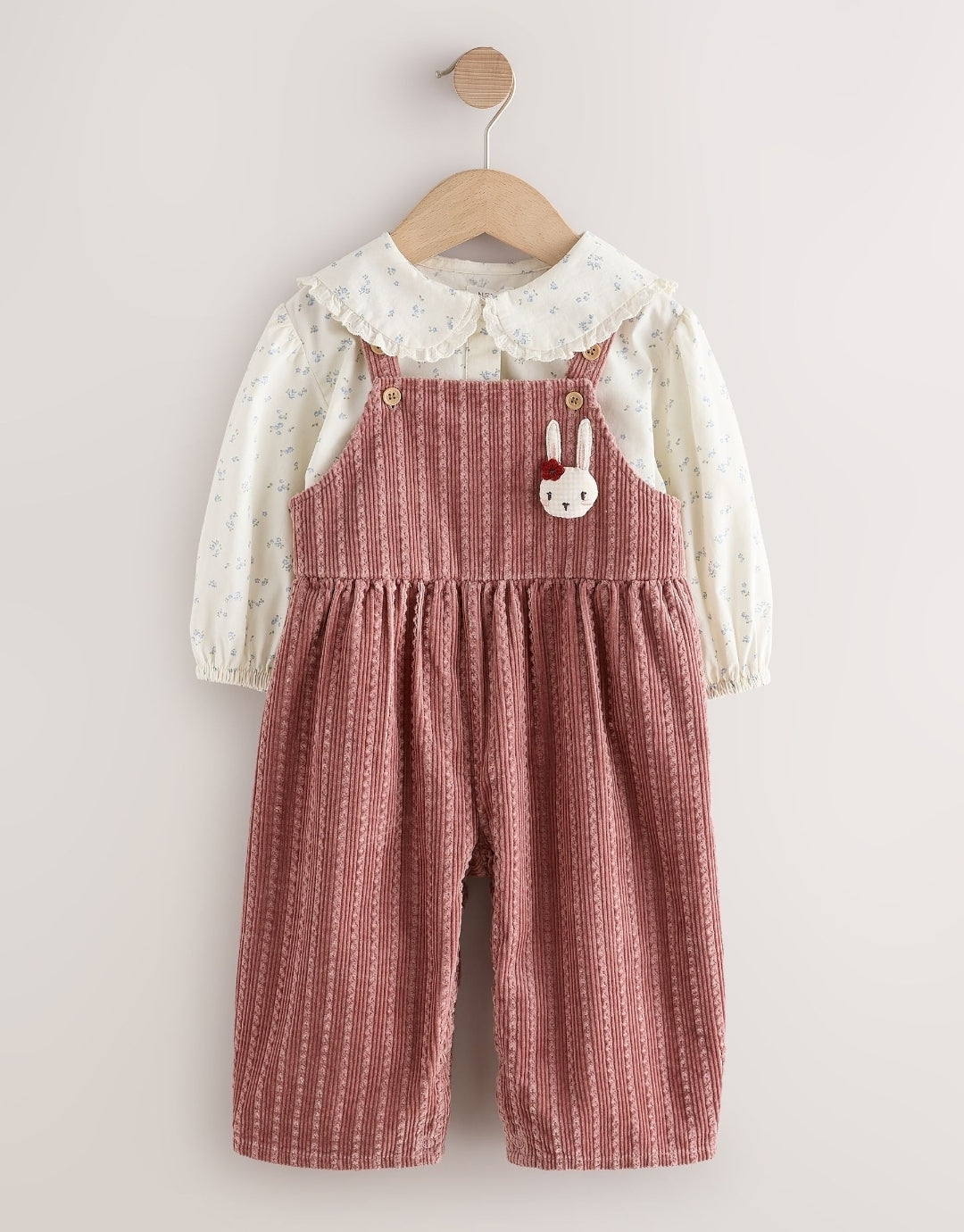 Pink Corduroy/ Ecru Ditsy Blouse & Dungarees Set 2 Piecs