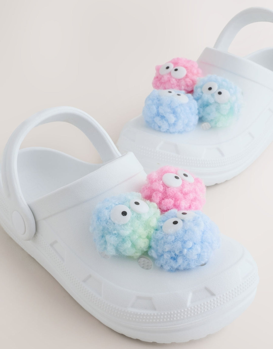 White Monster Pom Clogs