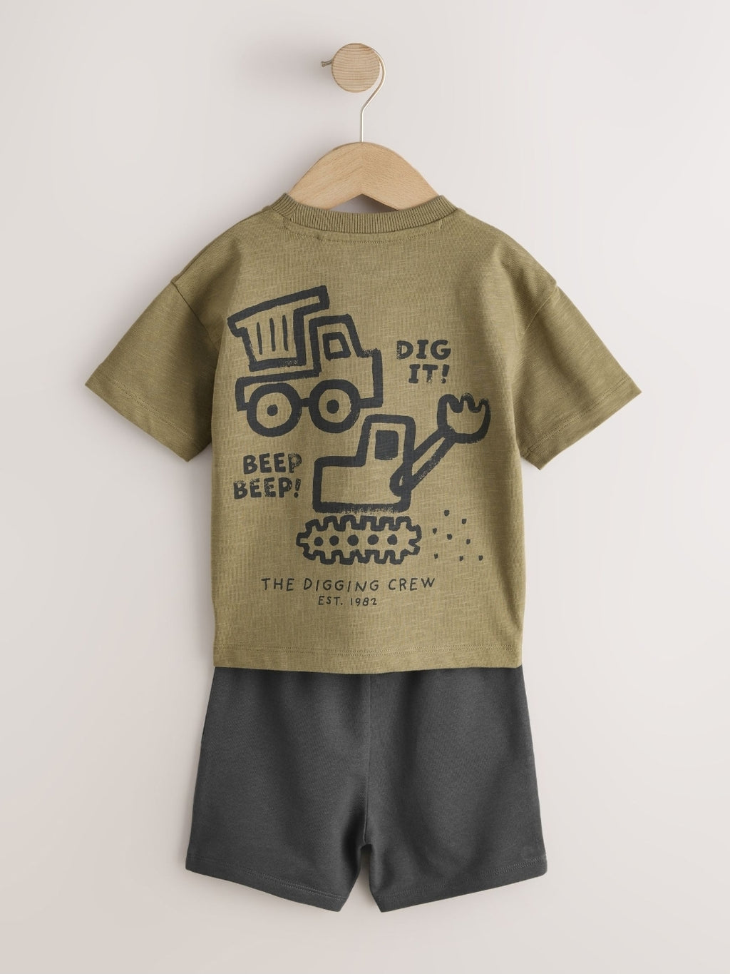 Khaki Green Digger Short Sleeve Back Print T-Shirt and Shorts Set