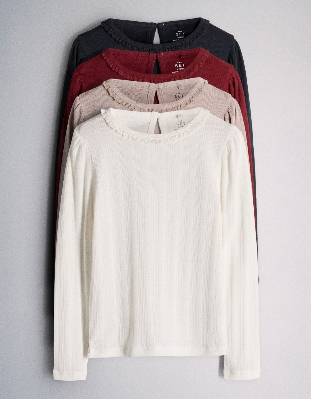 The Set 4 Pack Long Sleeve Pointelle T-Shirts Navy Blue/Red Cream/Ligh...