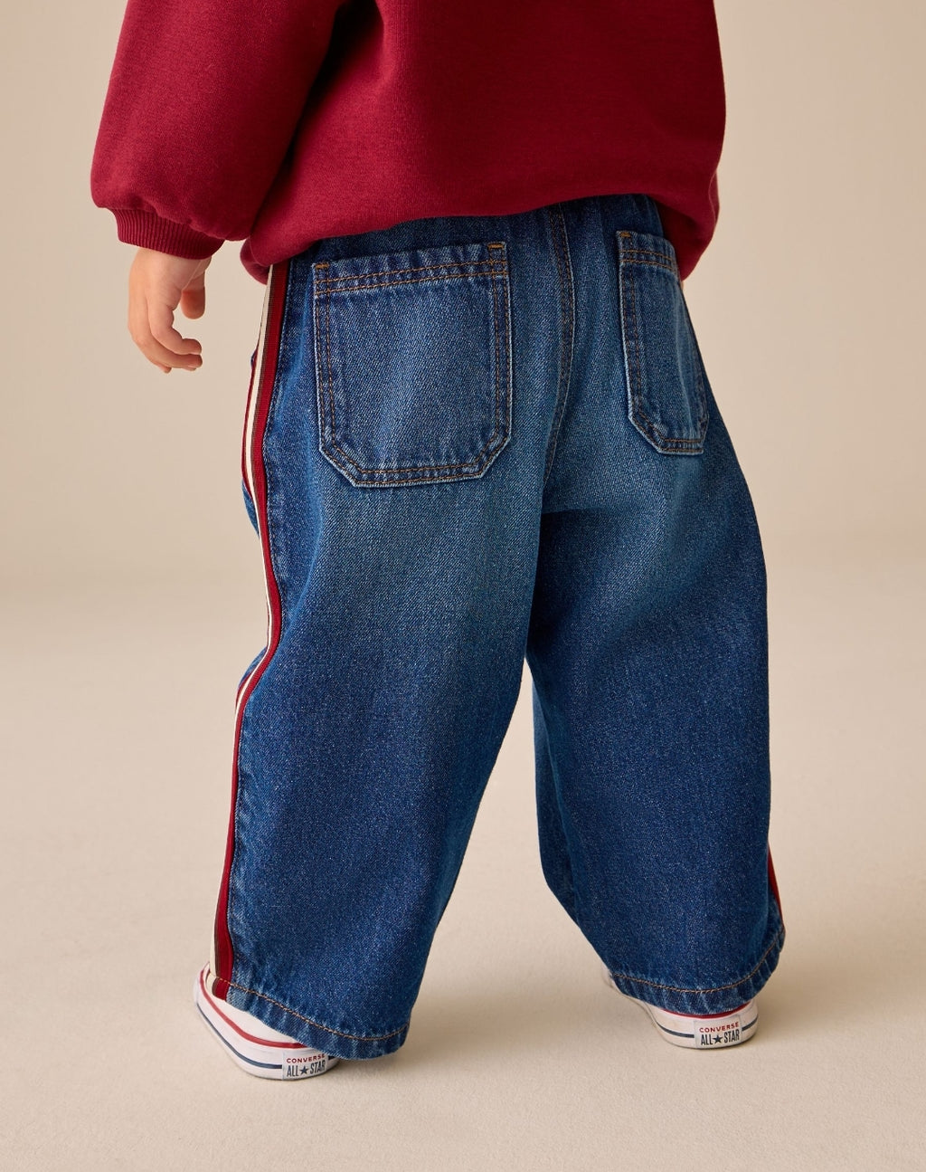 Mid Blue & Red Side Tape Wide Fit Jeans