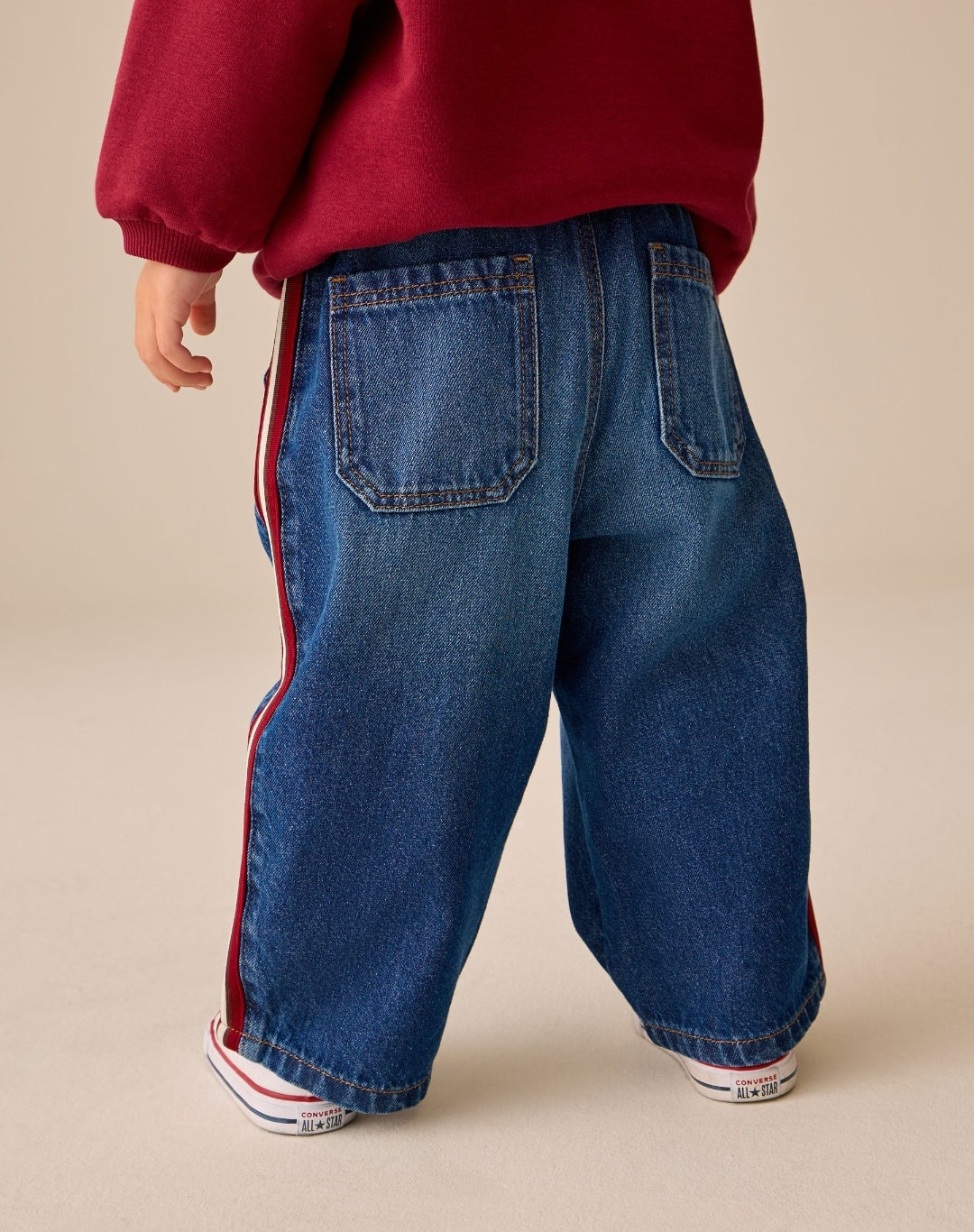Mid Blue & Red Side Tape Wide Fit Jeans