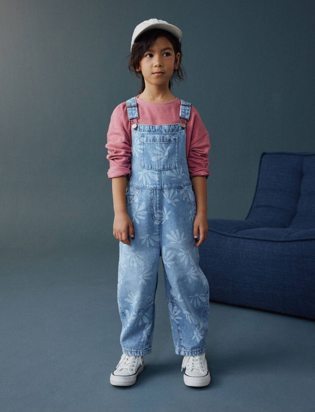 Mid Blue Daisy Printed Dungaree