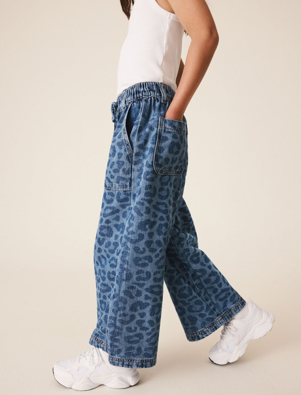 Leopard Print Denim Pull On Wide Leg Trousers
