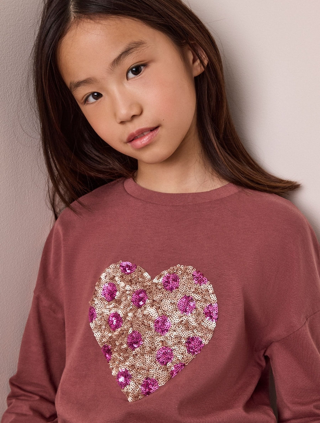 Brown Spot Long Sleeve Sequin Heart Top