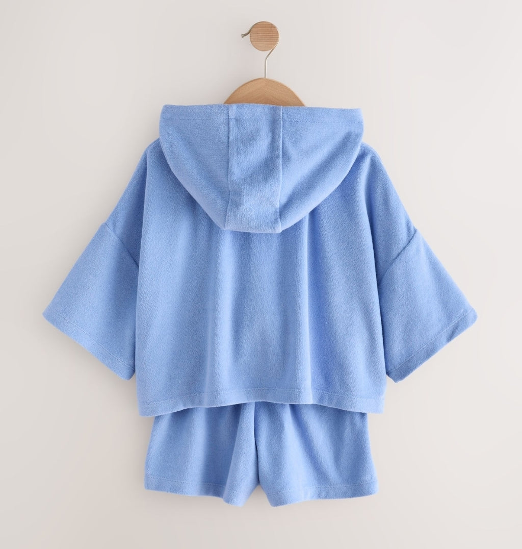 Blue Towelling Zip Hoodie And Shorts Set