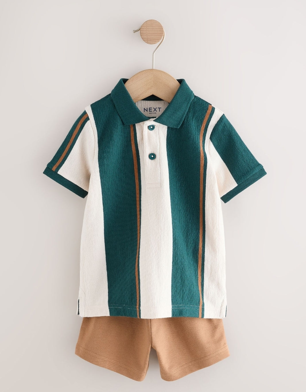 Green/Ecru Stripe Short Sleeve Polo Shirt and Shorts Set