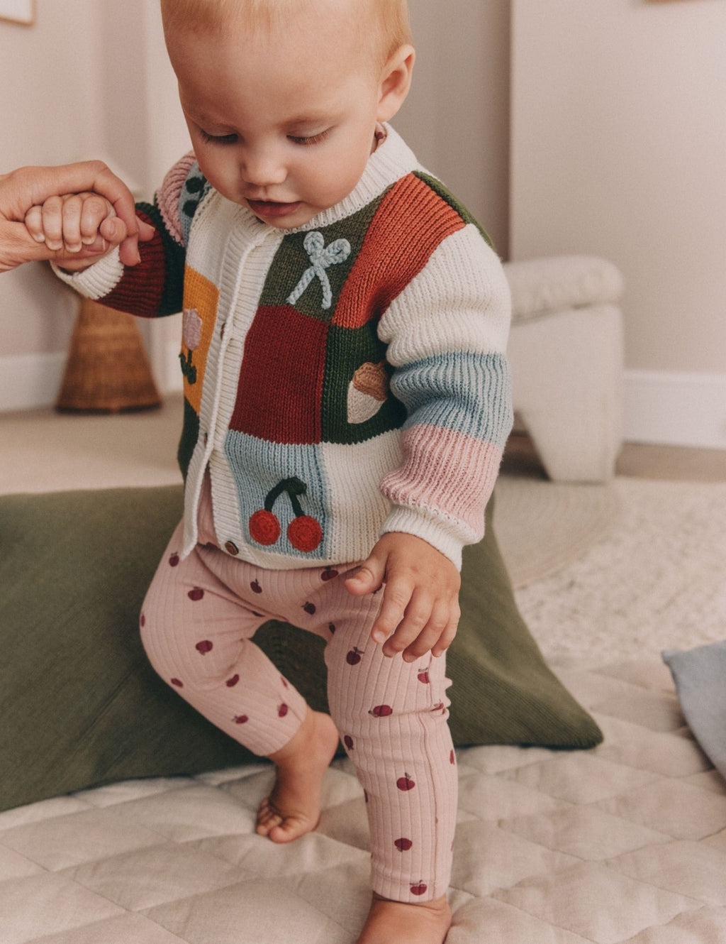 Brown Character Cross Stitched Scallop Hem Cardigan