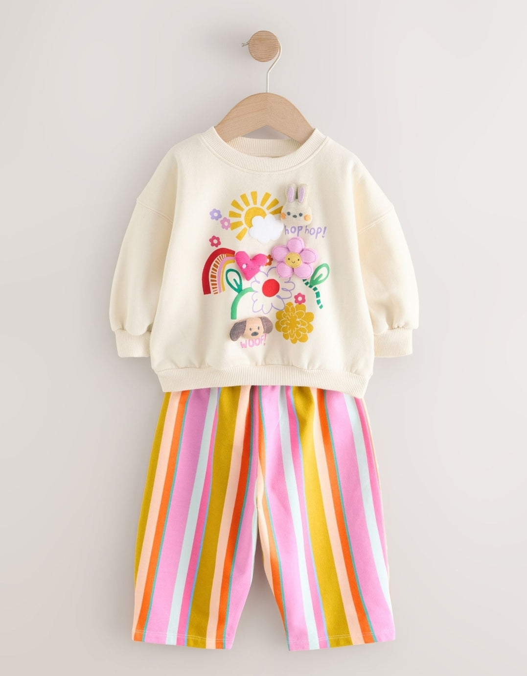 Cream Stripe Padded Characters Sweatshirt and Barrel Leg Jogger