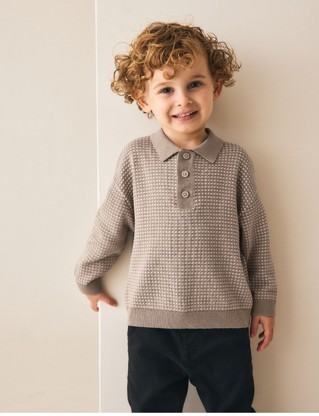 Neutral Textured Knitted Popper Neck Polo Shirt