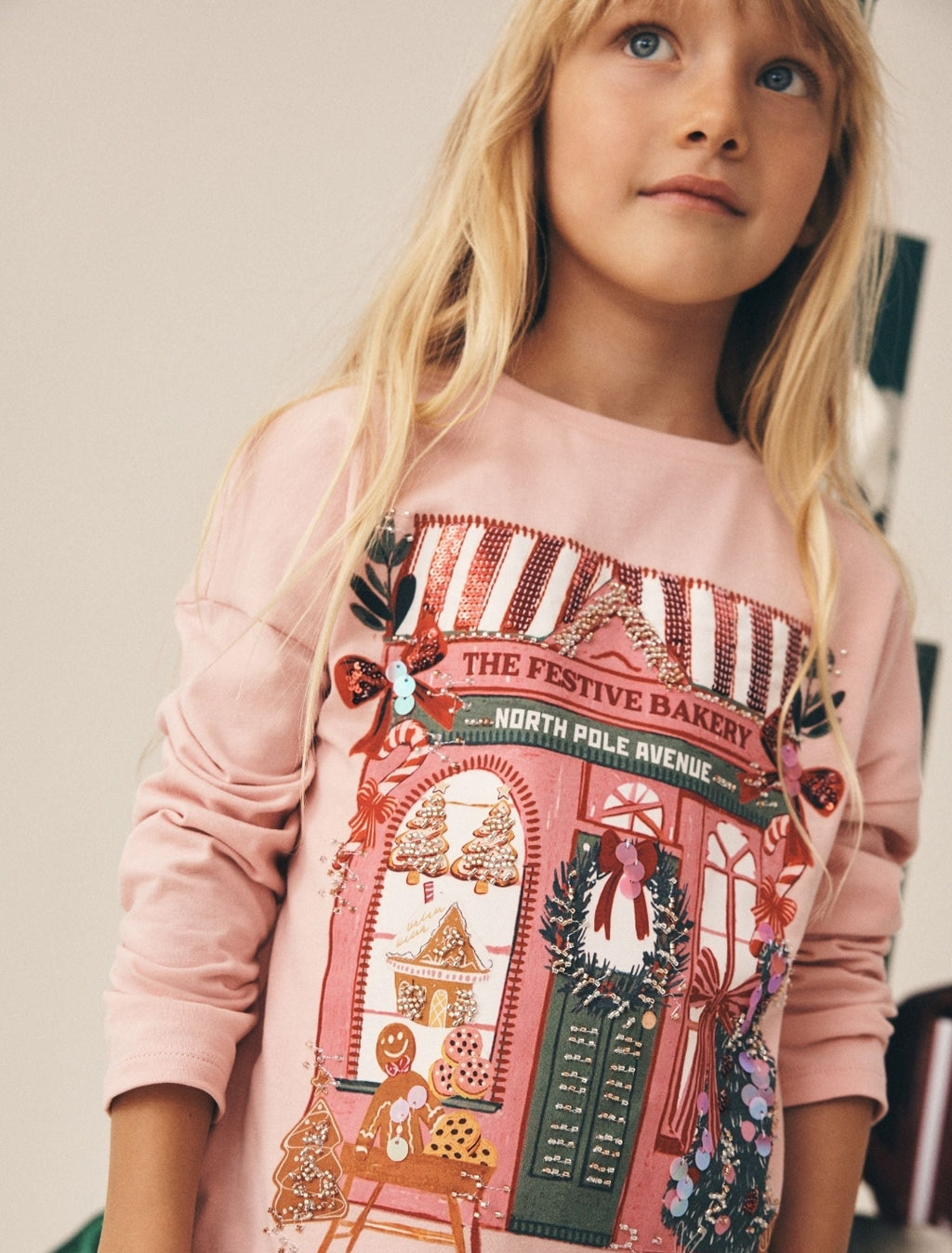 Pink Christmas House Sequin Long Sleeve Top
