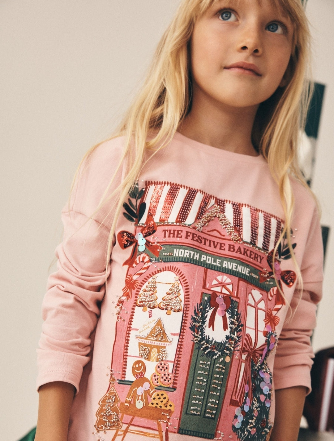 Pink Christmas House Sequin Long Sleeve Top
