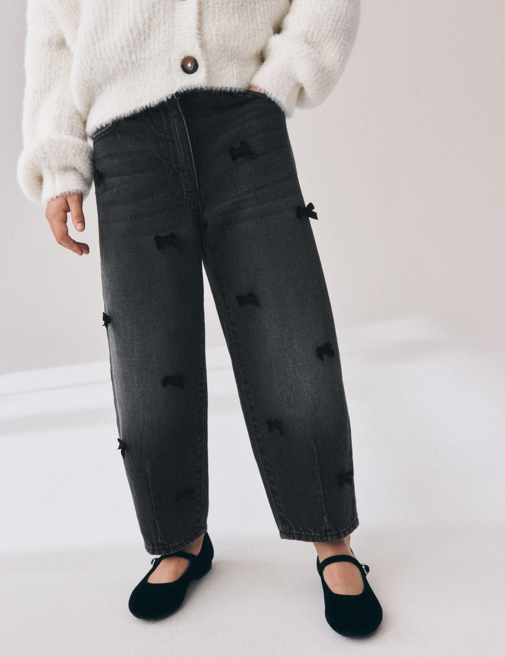 Charcoal Velvet Bow Barrel Jeans