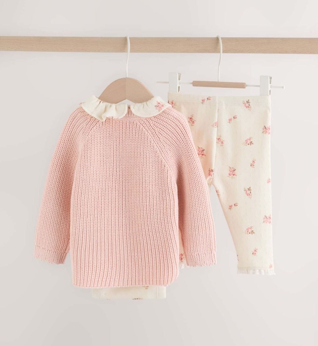 White Floral Bodysuit, Legging with Pink Knitted Cardigan Baby