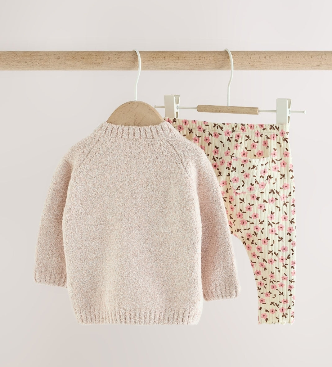Ecru Bunny Knitted Jumper and Floral Leggings Baby Set 2 Piece