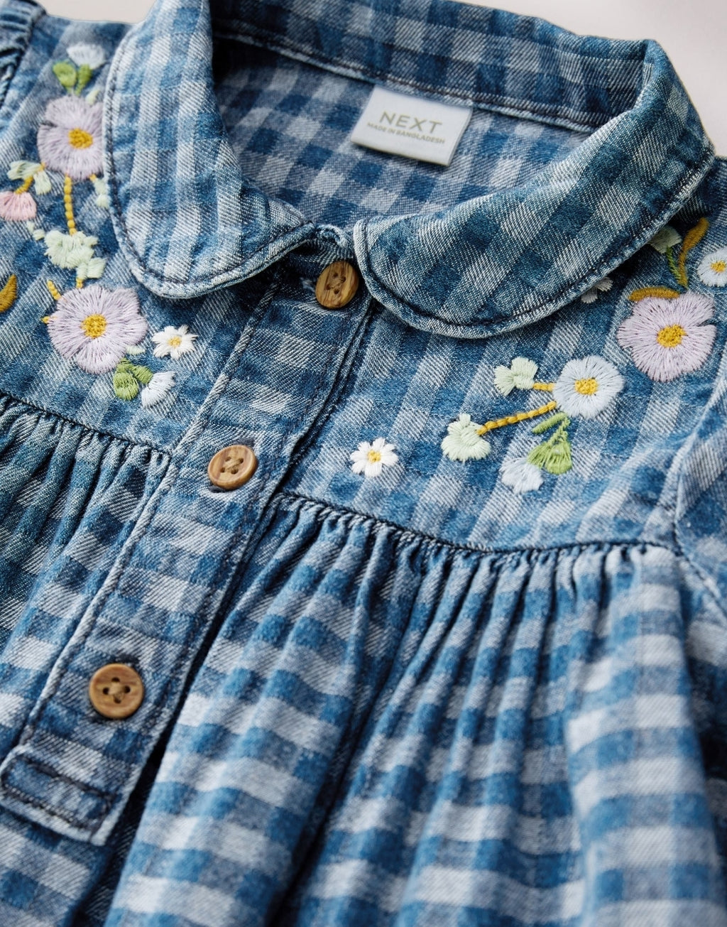 Denim Check Embroidered Long Sleeve Collar Dress