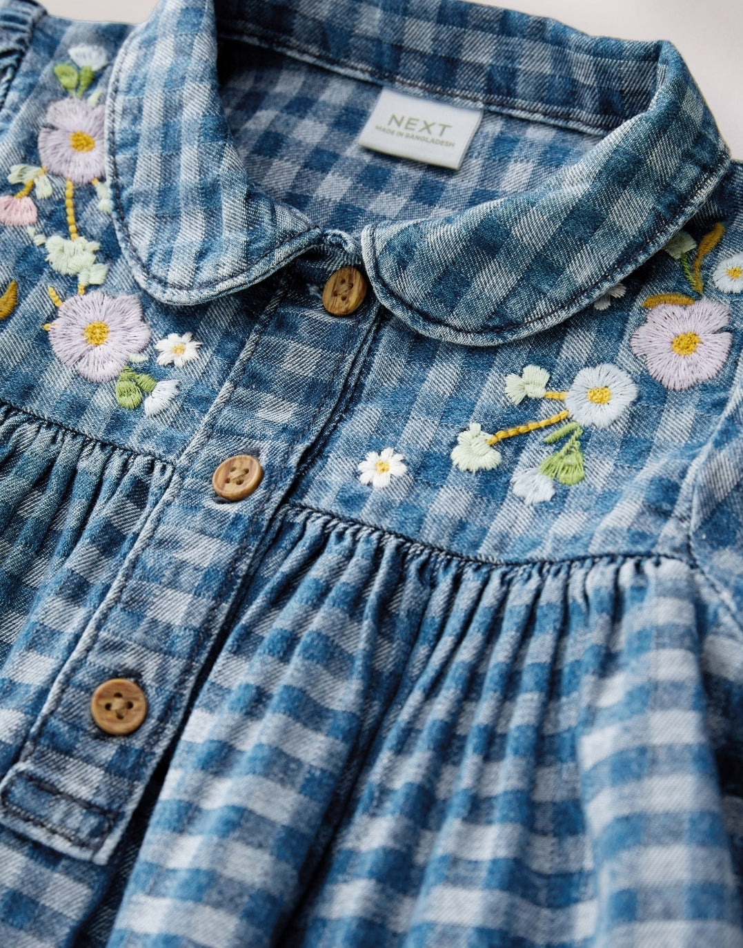 Denim Check Embroidered Long Sleeve Collar Dress