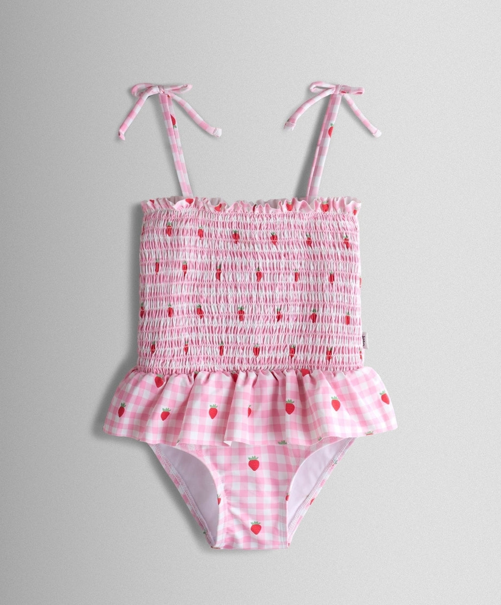 JoJo Maman Bébé Pink Cherry Gingham Shirred Tie Shoulder Swimsuit