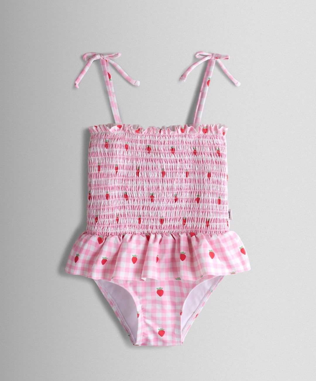 JoJo Maman Bébé Pink Cherry Gingham Shirred Tie Shoulder Swimsuit