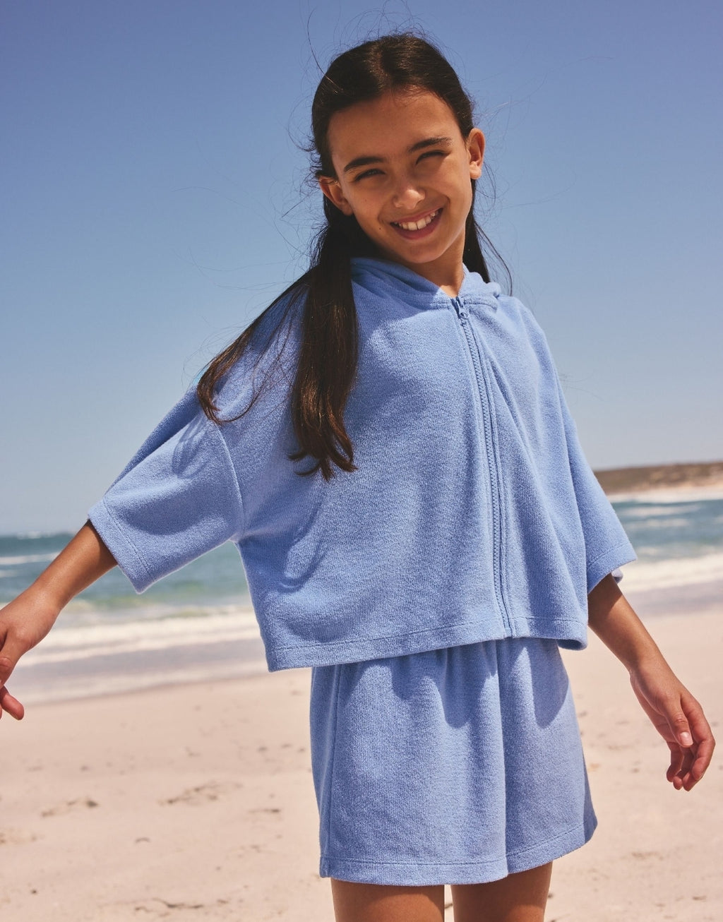 Blue Towelling Zip Hoodie And Shorts Set