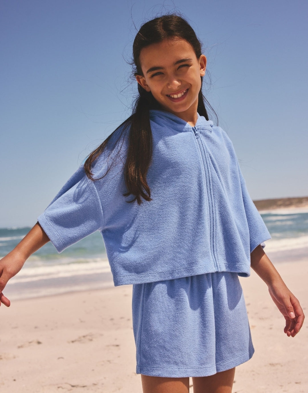 Blue Towelling Zip Hoodie And Shorts Set