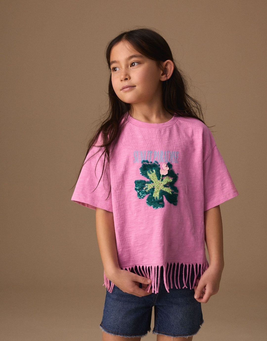 Pink Flower Fringe T-Shirt