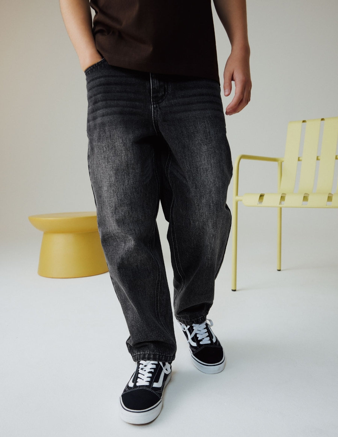 Washed Black Baggy Tapered Authentic Jeans