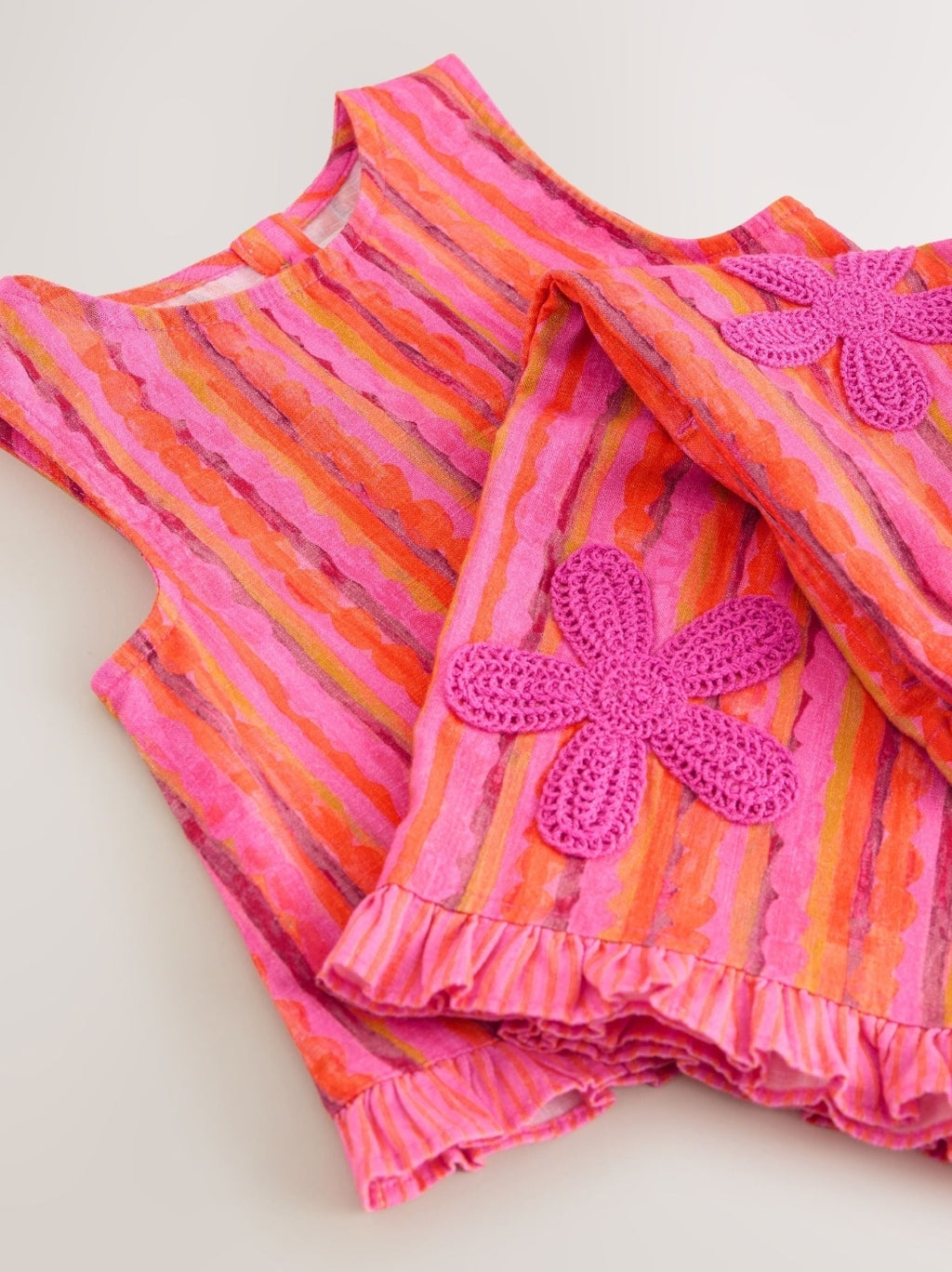 Pink/Orange Stripe / Crochet
Flowers Top & Trousers Set