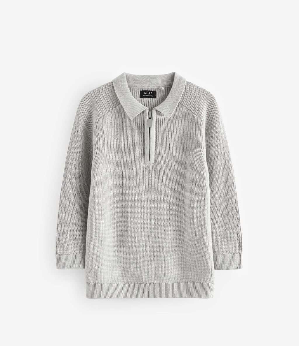 Light Grey Long Sleeve Quarter Zip Knitted Polo Shirt