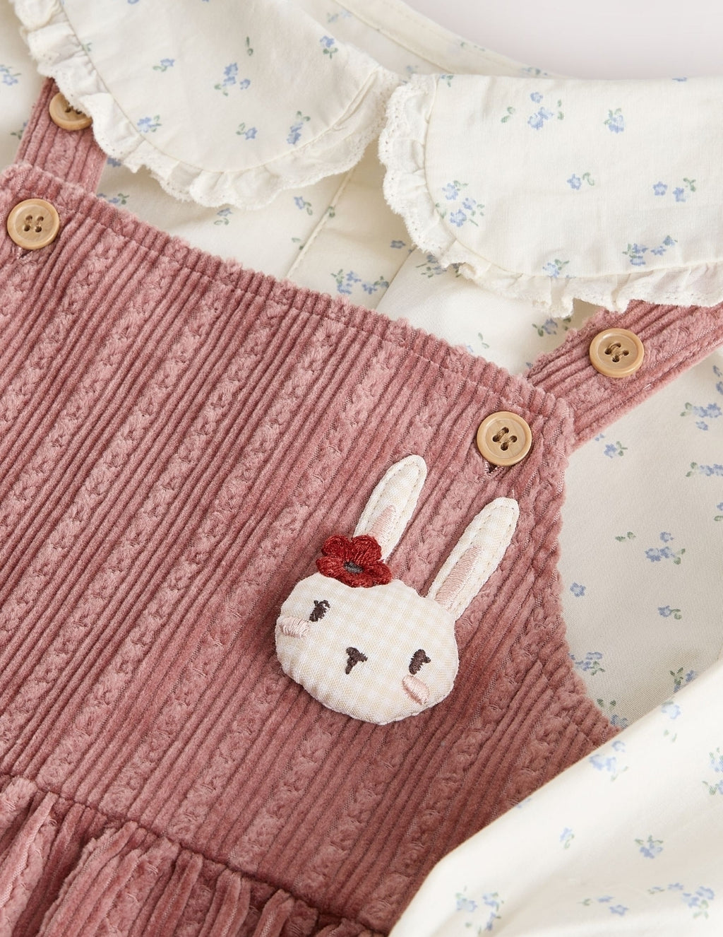 Pink Corduroy/ Ecru Ditsy Blouse & Dungarees Set 2 Piecs